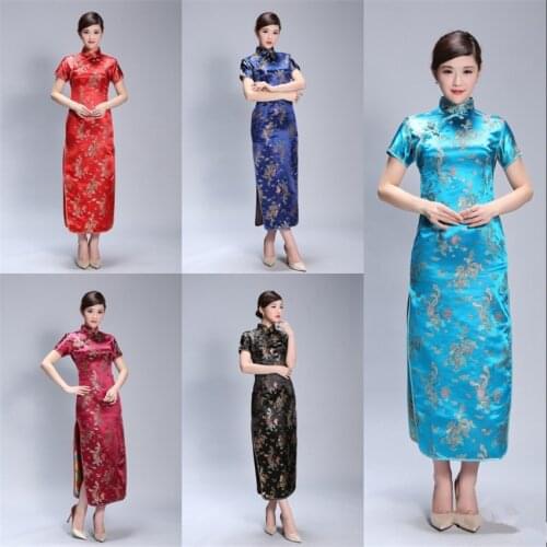 14Color Satin Chinese Dress Women Traditional Evening Party Cheongsam Print New year Adult Retro Long Dresses Qipao S-6XL