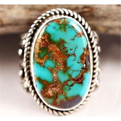 Bohemian Style Large Oval Turquoises Blue Stone Rings Bague for Women Man Vintage Ethnic Ring Jewelry Anillos L3J418