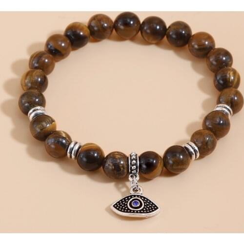 Yellow Tiger Eye Turkey Evil Eye Stretch Rope Beaded Bracelet Yoga Blessing Charm Jewelry Natural Stone Alloy Pendant
