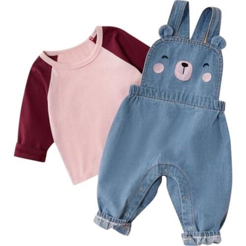 Children Spring Autumn Color Matching Long Sleeve Blouse Casual Tops+Denim Bib Pants