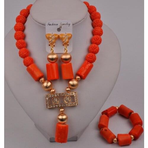 Nigeria Orange Coral Beads African Wedding Coral Necklace Bridal Jewelry Sets for Women 024-A1