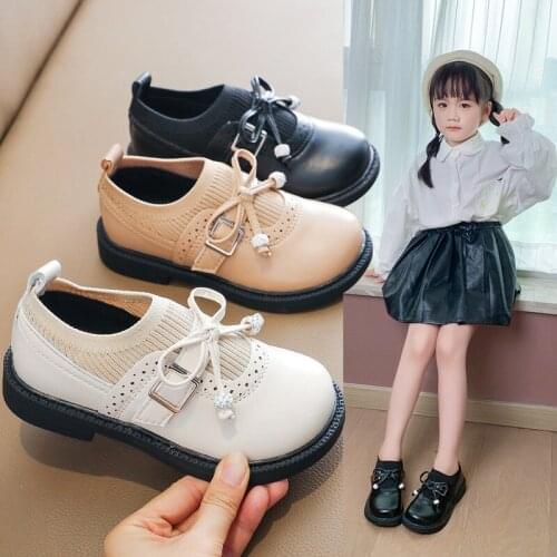 Girls' Leather Shoes Princess Autumn 2021 New Kids Flat-bottomed Flying Woven Soft-soled Single Shoes Bow-knot Cute Lady Shoes
