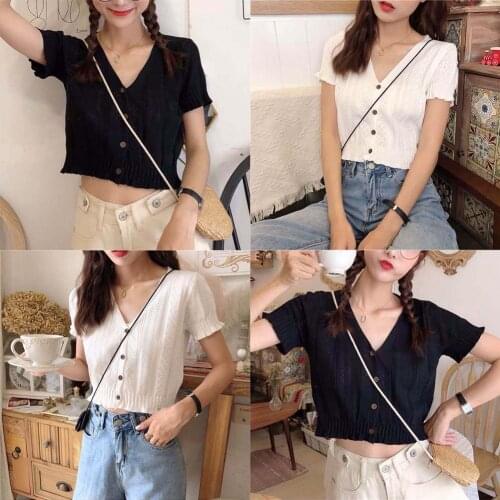Fashion Women Summer Knitted Ice Silk Short Sleeve V Neck Button T-shirt Blouse Crop Top