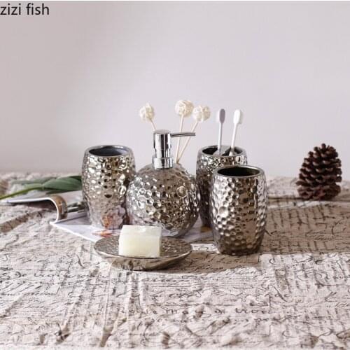 Silver Ceramic Bathroom Five Piece Set Wash Set Home Bathroom Accessories Soap Dish Mouth Cup Lotion Bottle Toothbrush Holder