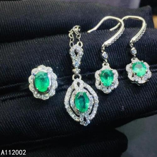 KJJEAXCMY fine jewelry natural Emerald 925 sterling silver women pendant earrings ring set support test luxury popular