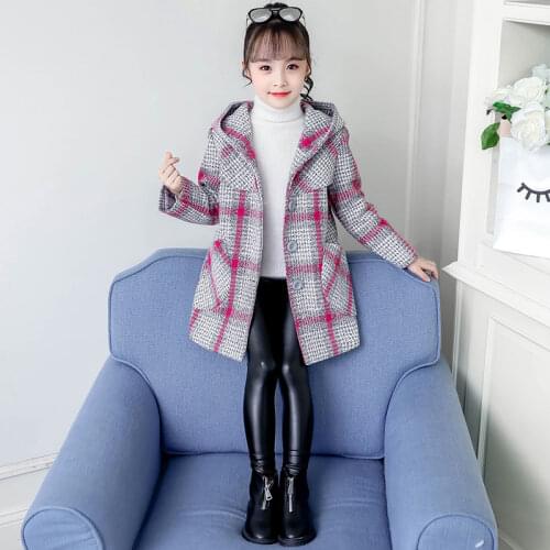 New Girls Woolen Winter Coat Long Thicken Plaid Jacket For Girls Cotton Childrens Jacket Girls Clothes For 4-12 Years Old