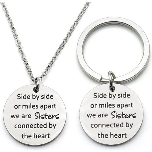 Sister Gifts Side By Side Or Miles Apart We Are Sisters Heart Best Friends Gift Stainless Steel Charm Pendant Necklace Keychains