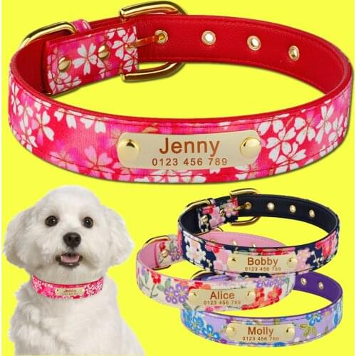 Durable Adjustable Personalised Dog Collar Leather Puppy ID Name Custom Engraved XS L Nameplate Tag Pretty flower Puppy Collar