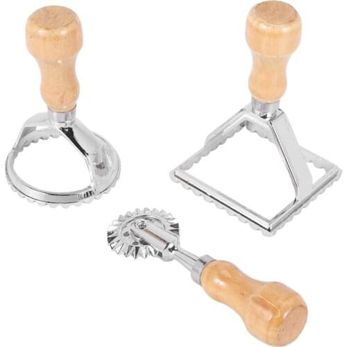 Ravioli Stamp Maker Cutter with Roller Wheel Set, Mold with Wooden Handle for Fluted Edge, Pasta Press Kitchen Attachment