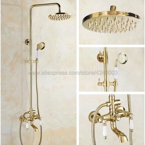 Luxury Gold Brass 8" Rainfall Round Showerhead Bathroom Shower Mixer Taps Wall Mount Tub Shower Faucet with Handshower Kgf372