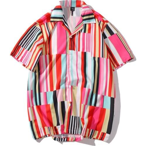 2020 Hip Hop Shirt Streetwear Men Hawaiian Shirt Pink Color Block Stripe Harajuku Beach Shirt HipHop Shirts Summer Short Sleeve