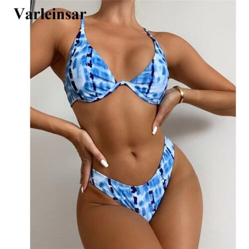 Sexy Underwired V-Bar Tie Dye Bikini Female Swimsuit Women Swimwear Two-pieces Bikini set Printed Bather Bathing Suit Swim V3178