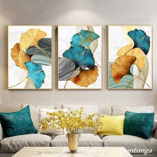 Blue Green Yellow Gold Leaf Plant Flower Canvas Poster Abstract Painting Wall Art Print Nordic Modern Pictures Living Room Decor