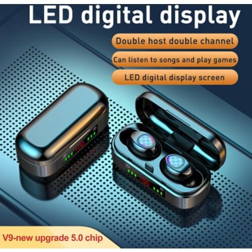 V9 Bluetooth 5.0 Earphones Digital Touch Mini Wireless Earbuds with LED Power Display Case 3D Stereo Sound IPX5 Sports Headsets