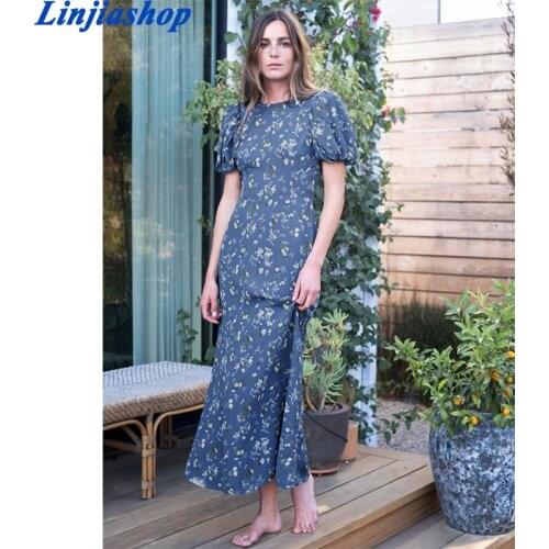France Floral Print Blue Long Vestido Vintage Chiffon O Neck Dresses Elegant Puff Sleeve Summer Dress