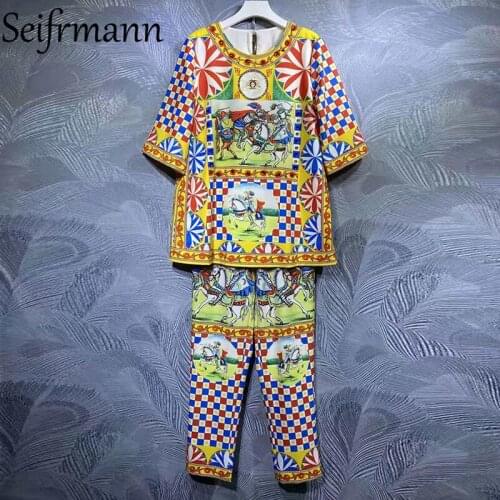 Seifrmann New 2021 Autumn Women Fashion Designer Pants Set Half Sleeve Loose Tops + High Waist Vintage Printed Long Pants Suits