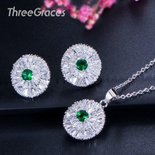 ThreeGraces Luxury Designer Green Cubic Zirconia Stone Big Round Necklace and Earrings Jewelry Sets for Women Party Gift JS158