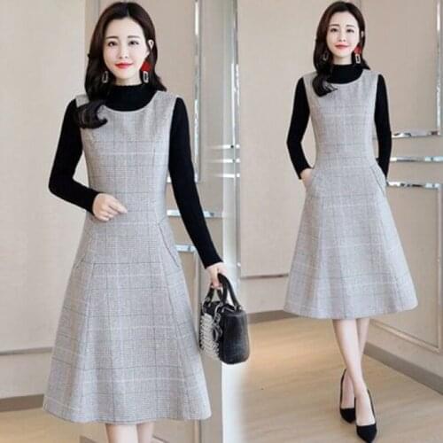 Spring New Womens Suspender Woolen Dress With Sweater Two-Piece Sets Waist OL Female 2 Colors Suits
