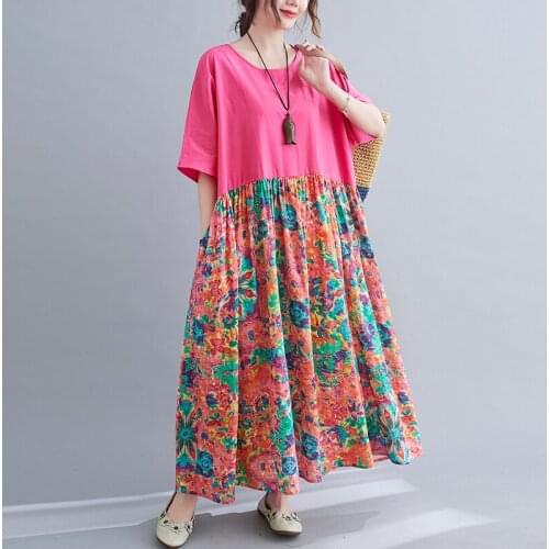 Cotton Patchwork Print Floral Vintage Dress 2021 New Arrival Loose Summer Dress Holiday Travel Casual Women Long Maxi Dress