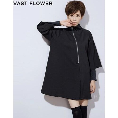 2021 Spring Autumn Black Vintage Turtleneck Zipper Plus Size Dress Women Clothes Loose Casual Elegant Vestidos Ladies Dresses