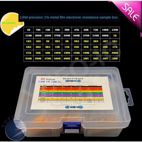 60values*10pcs=600pcs 1/4W Metal film resistor kit 1% 1r-10m 1R 7.5R 100R 220R 680R 1K 2.2K 10K 5.1K 47K 51K 100K 1M 2.7M 3.3M