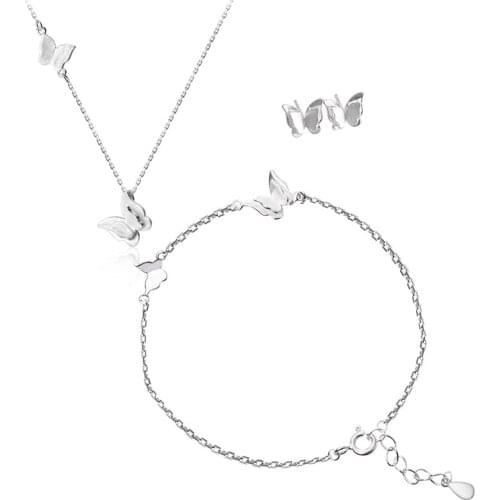 925 Sterling Silver Butterfly Jewelry Set Fashion Link Chain Necklace Bracelet Earrings Sets For Women Wedding Party