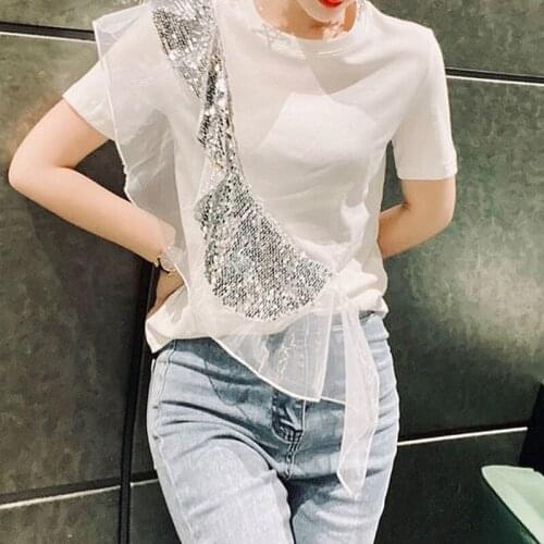 Asymmetrical Sequined Ruffles Women T-Shirts Summer New Design 2021 Slim Elegant Female Pulls Tops Tees