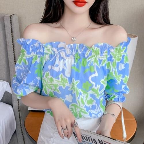 Women Blouses One Shoulder Summer Fashion Floral Chiffon Print Short Sleeve Top Blusas De Mujer Women Tops