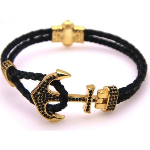 High Quality Men Male Business Genuine Leather Anchor Bracelet Micro-zircon Black Leather Unisex Couple Bracelets for Female