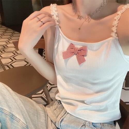 Cute Knitted Crop Top Women Summer Bow Flower Decoration Shoulder Strap Loose Stretchable Camis for Sweet Girl Kawaii Clothes
