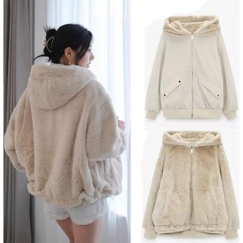 WESAY JESI ZA Womens Clothes TRAF Wear On Both Sides Hooded Faux Fur Coat Women Winter Artificial Fur Jacket With Leather Lined