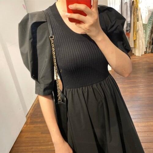 Patchwork Black Knitted Dress Women 2021 Summer Puff Sleeve Long Dresses Plus Size Elegant Party Dress vestidos