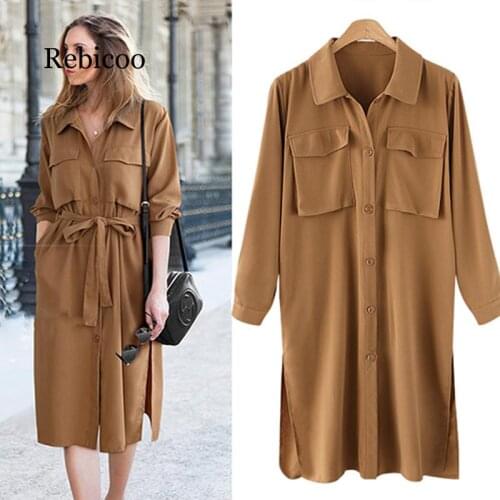 Fashion Women Long Sleeve Chiffon Shirts Dress Summer Plus Size Long Vestidos Office Ladies Turn-down Collar Sashes Dresses