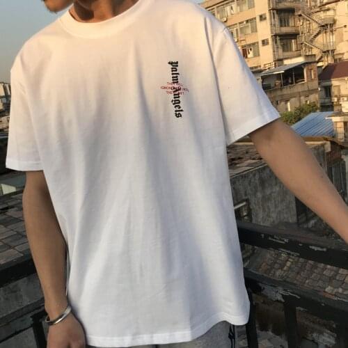 Palm Angels Left Chest Small Letter Print Round Neck Short Sleeve Mens Womens Loose T-shirt Trend