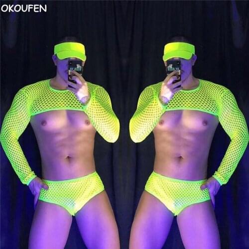 Mens Sexy Fluorescent Hollow Mesh Suits Hiphop leader dance Costumes Bar nightclub Male Singer stage DS Party gogo Show wear