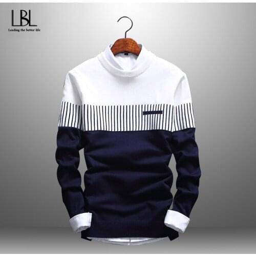 Mens Sweaters Autumn Winter Knitted Round Collar Sweater Men Long Sleeve Striped Sweaters Solid Slim Fit Male Pullover Fashion