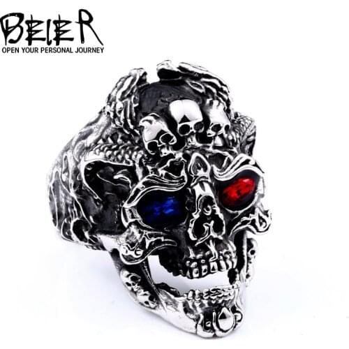 BEIER punk cool three skull With Blue/red eye Ring Stainless Steel Punk fashion for men jewelry Halloween party BR8-647