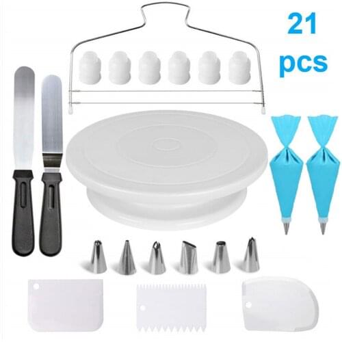 21pcs Plastic Cake Turntable Set Fondont Cake Decorating Tools Silicone Piping Bag Pastry Nozzle Kit Baking Accessories