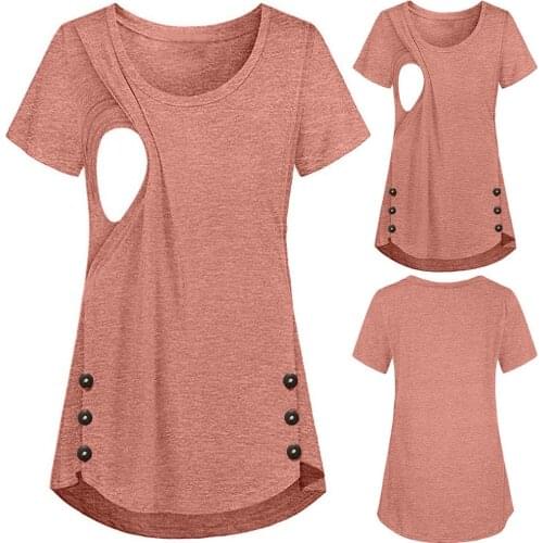 Maternity Clothes Ladies Pregnant T shirts Women Nusring Breastfeeding Solid Color Button Short Sleeve T Shirt For Pregnant Top