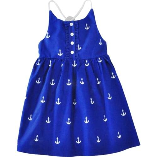 Girls Princess Dress Children Beach Dresses Cute Kids Summer Anchor Clothing Baby Girl Blue Print Anchors Buttons Clothes