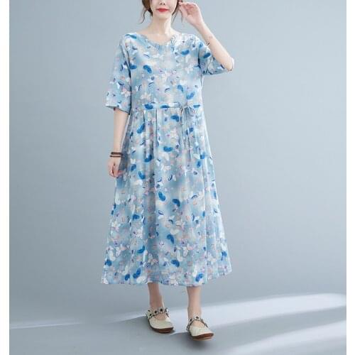 Korea Style Cotton Linen Fashion Women Summer Dress Print Floral Draw String Slim Office Lady Work Dress Travel Casual Dress