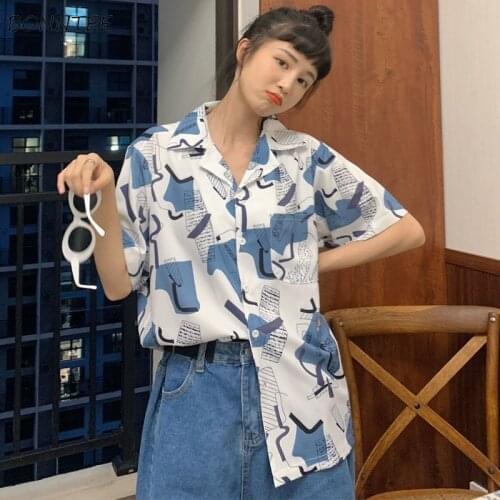 Shirts Women Geometric Retro Japanese Style Loose Leisure BF Unisex Chic Female Top Streetwear Popular Vintage Holiday Trendy