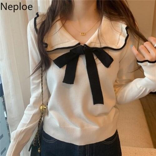 Neploe Knitted White Pullovers Peter Pan Collar Lace Up Bow Sweet Sweaters for Women Ruffles Long Sleeve Jumper Coat Female
