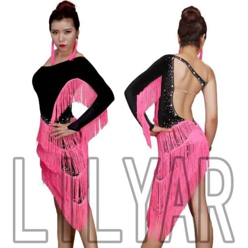 New Latin dance skirt competition skirt performance Skirt Adult custom black dance skirt with pink tassel dance skirt