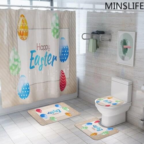 Happy Easter Eggs Printed Shower Curtains Bathroom Curtain Set Pedestal Rug Lid Toilet Cover Bath Mat Set Home Decoration