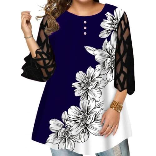 Women Blouse 2021 Summer T-shirt Contrast Color Floral Print Top Geometric Translucent Sleeve O Neck Shirt Streetwear