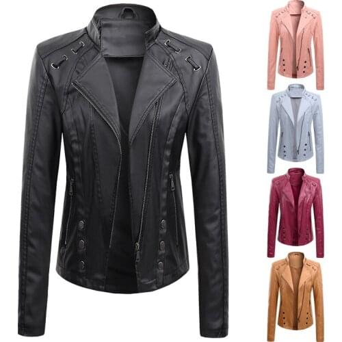 2021 Brand New Design Trendy Autumn Spring Womens Outerwear Streetwear Leather Short Zipper Jacket Ladies Slim Solid Jacket Coat