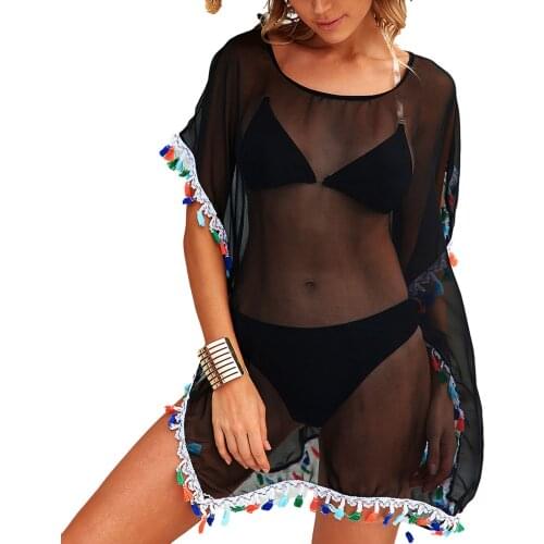 Womens Beach Bunker Beachwear Bunker Swimwear New Style Chiffon Black Top Covering Skirt Color Tassel Net Dressing Swimsuit Top