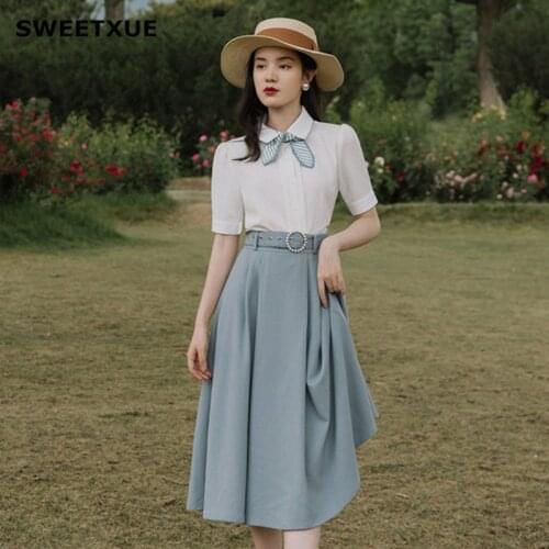 SWEETXUE Womens Retro Fashion Fresh Elegant Two-Piece Suit Bow White Shirt + High Waist A-line Skirt Elegant Sets Female Summer