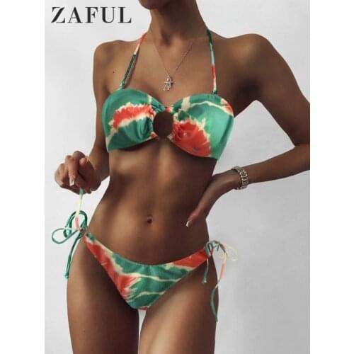 ZAFUL Ribbed Tie Dye O Ring Lace Up Bikini Set Women Bandage Swimwear Summer Sexy Strapless Brazilian Biquini Female Swimsuit